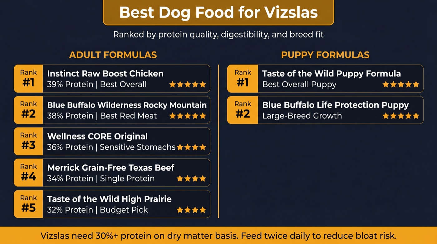 Infographic comparing the best dog food for Vizslas: 5 adult formulas and 2 puppy picks ranked by protein quality and breed fit