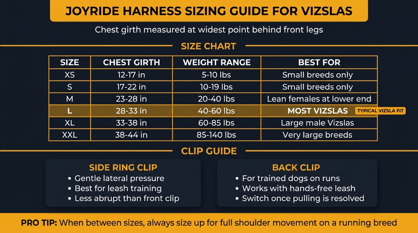 Joyride Harness sizing chart for Vizslas with chest girth measurements and clip guide