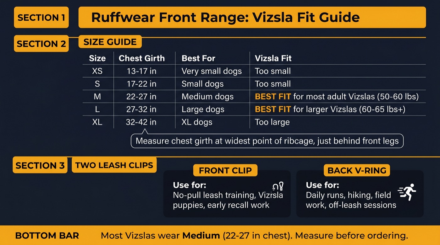 Ruffwear Front Range size guide for Vizslas showing chest girth measurements and which leash clip to use for running vs training