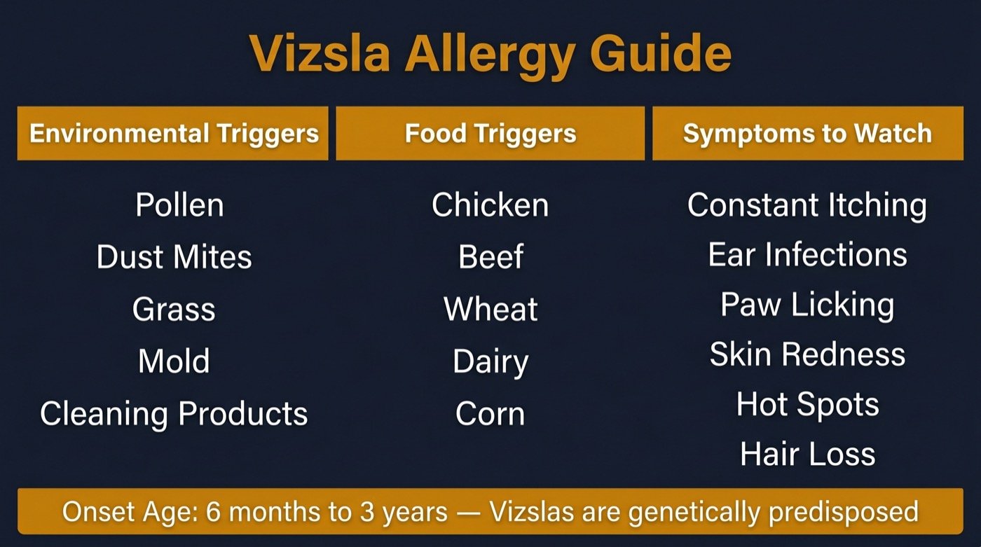 Vizsla allergy guide showing environmental triggers, food triggers, and symptoms