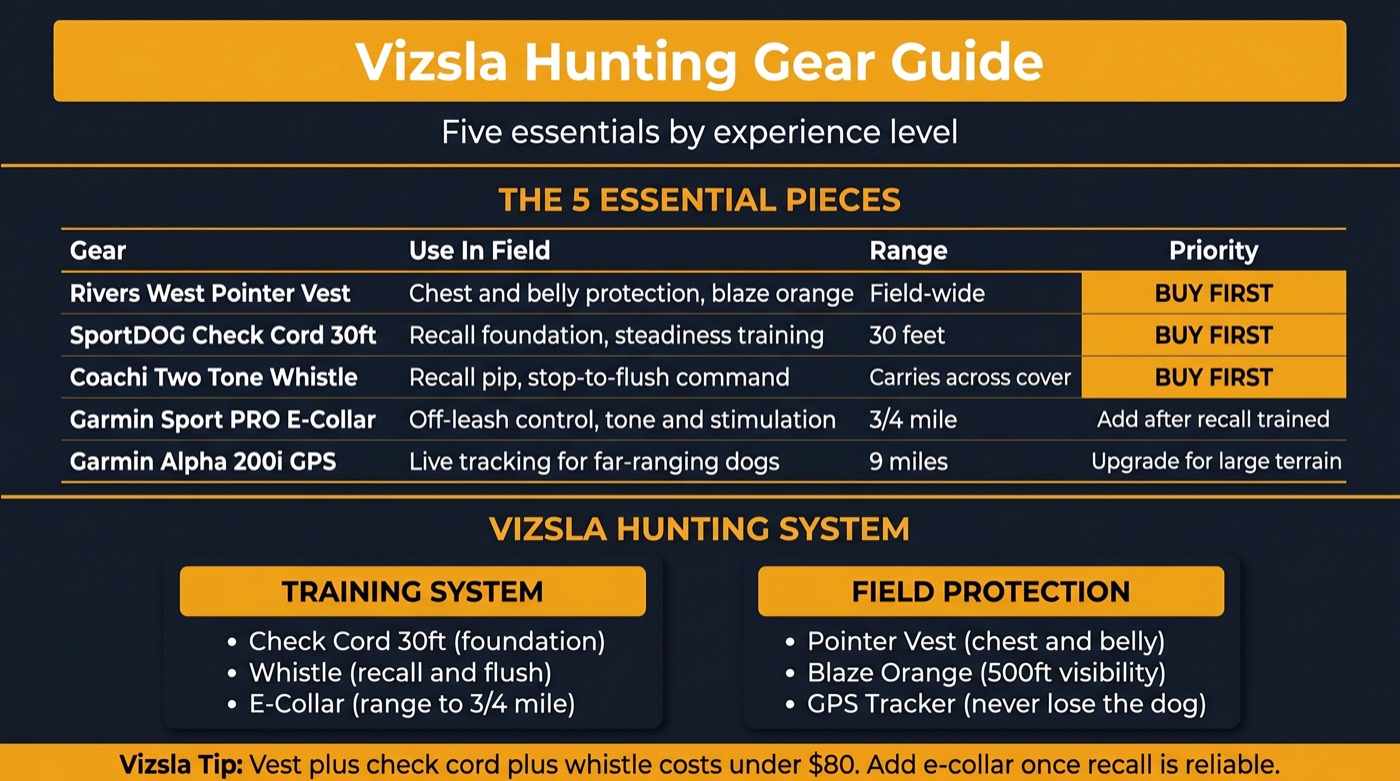 Vizsla hunting gear guide infographic showing 5 essential pieces of gear by priority and experience level