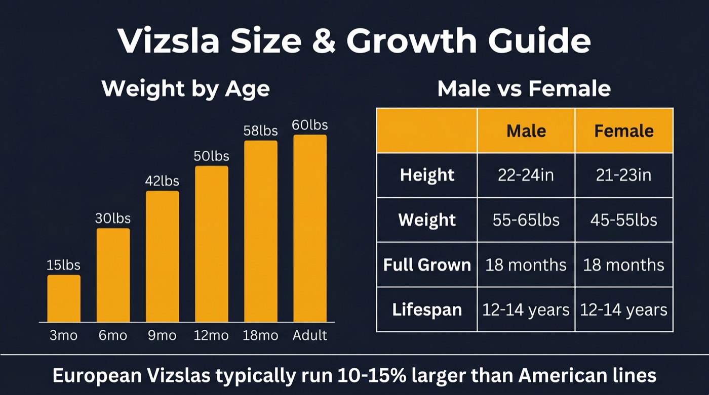 Vizsla size and growth chart showing weight by age and male vs female measurements